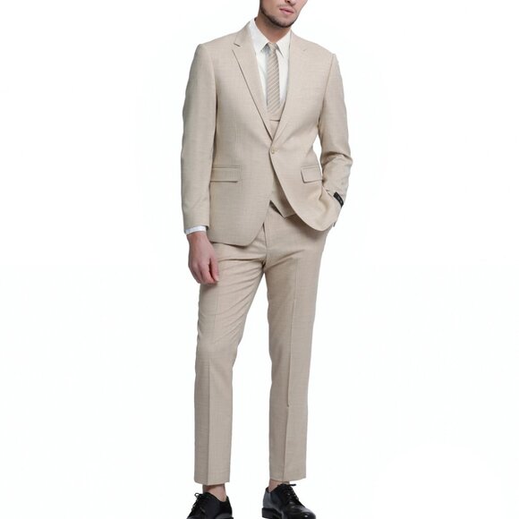 Khaki Notch Lapel Double Breasted Collared Vest Skinny Fit Men's Suit